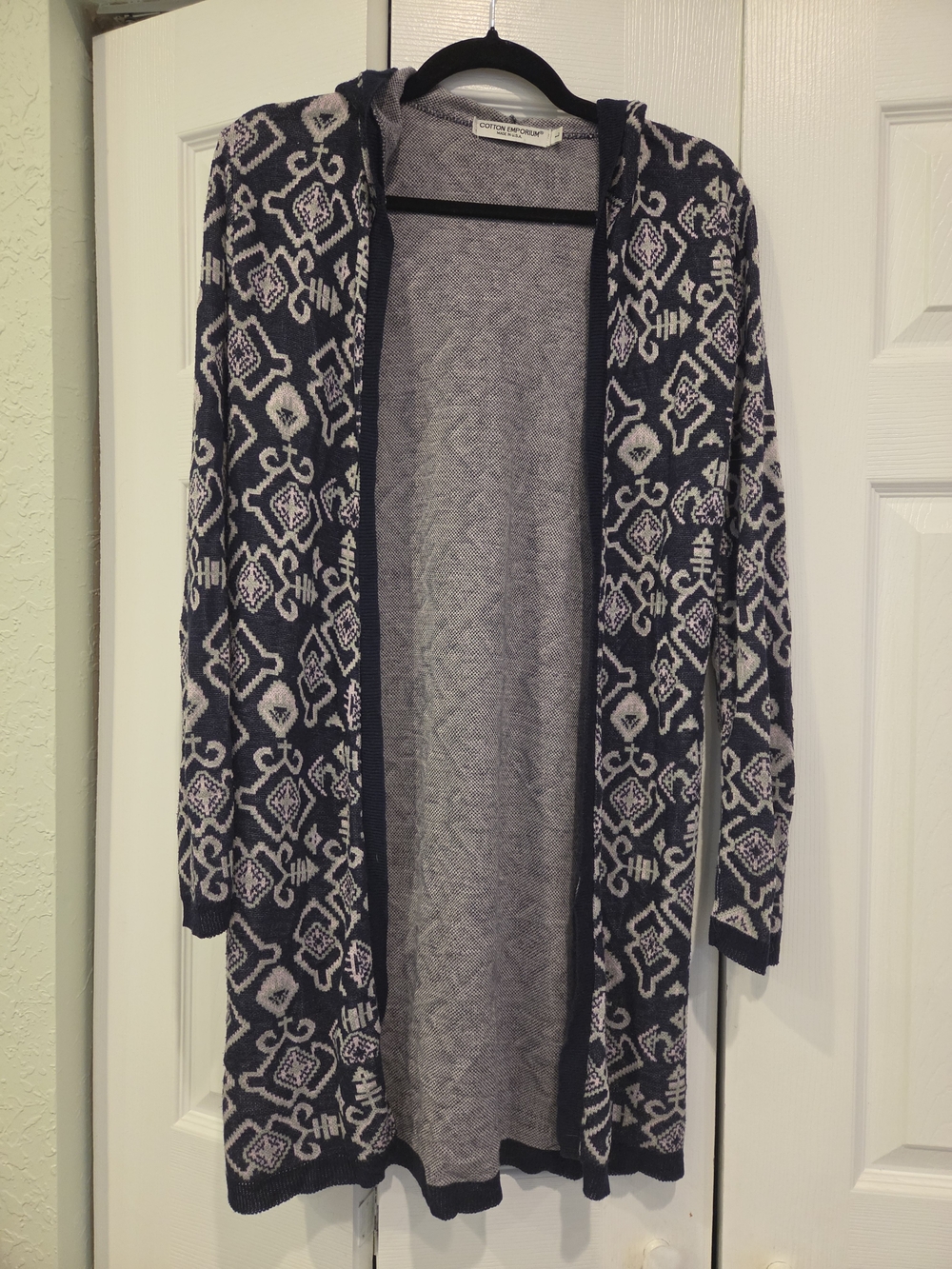 Cotton Emporium Hooded Open-Front Cardigan - Navy, Pink & Light Gray
